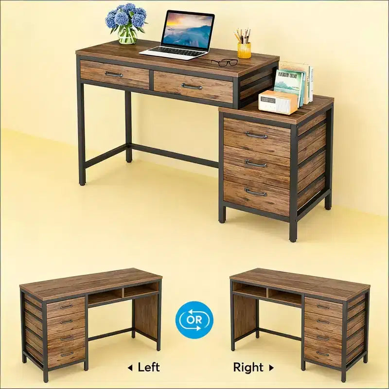TUYOHW Bureau moderne avec caisson à tiroirs, bureau informatique compact à 2 tiroirs et meuble de classement à 3 tiroirs, table d'écriture pour bureau à domicile, étude
