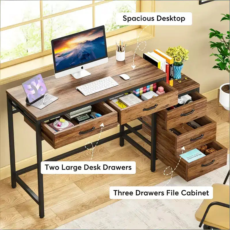 TUYOHW Bureau moderne avec caisson à tiroirs, bureau informatique compact à 2 tiroirs et meuble de classement à 3 tiroirs, table d'écriture pour bureau à domicile, étude