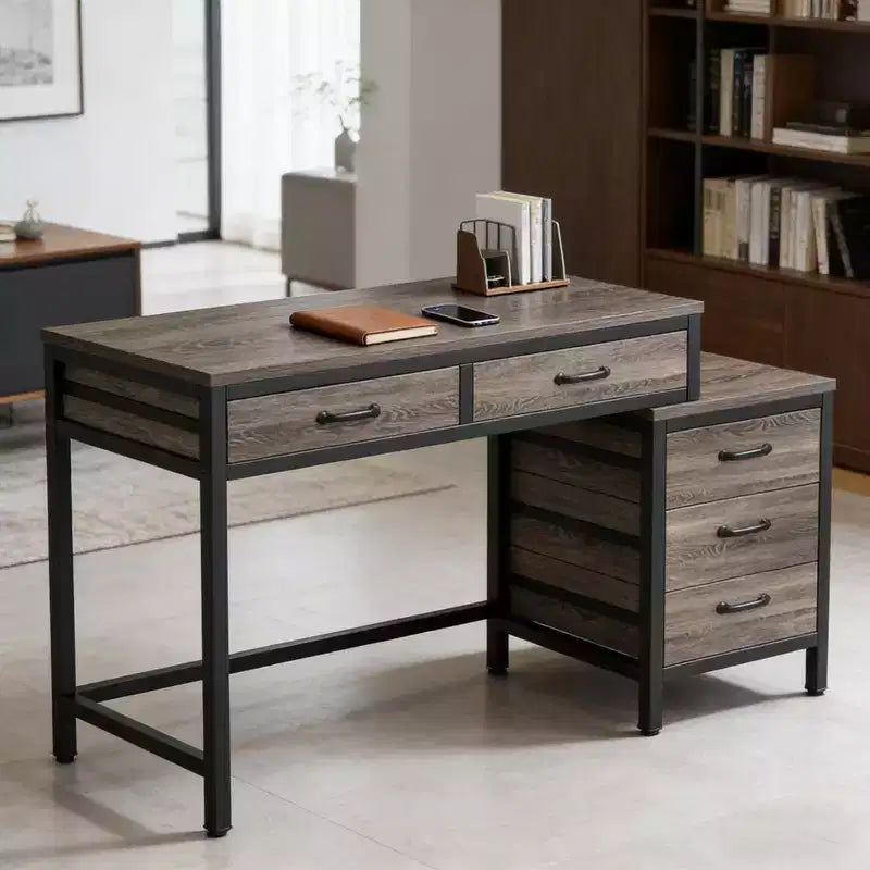 TUYOHW Bureau moderne avec caisson à tiroirs, bureau informatique compact à 2 tiroirs et meuble de classement à 3 tiroirs, table d'écriture pour bureau à domicile, étude