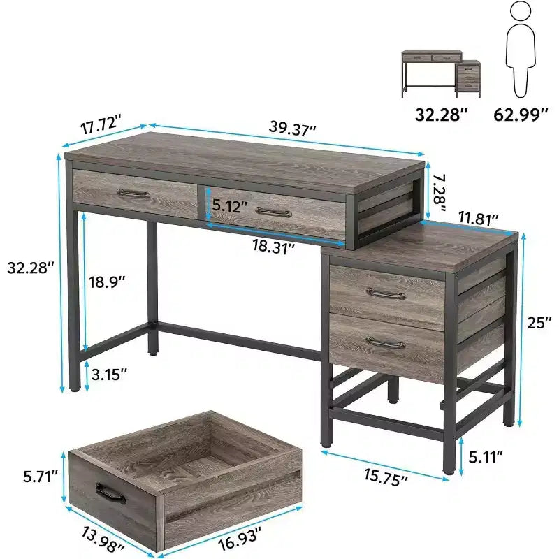 TUYOHW Bureau moderne avec caisson à tiroirs, bureau informatique compact à 2 tiroirs et meuble de classement à 3 tiroirs, table d'écriture pour bureau à domicile, étude