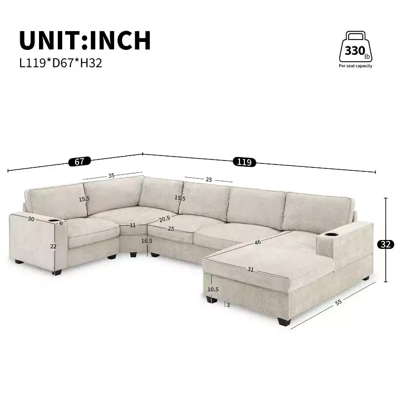 Canapé sectionnel en chenille Polibi 6 places en U avec méridienne surdimensionnée
