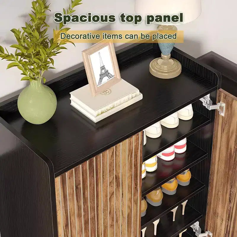 Meuble à chaussures moderne TUYOHW à 5 niveaux avec portes, Organisateur de rangement pour 20 paires de chaussures avec étagères réglables, Meuble d'entrée, Marron et Noir