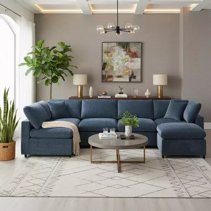 Canapé-lit modulaire 6 places en chenille Polibi avec ottoman