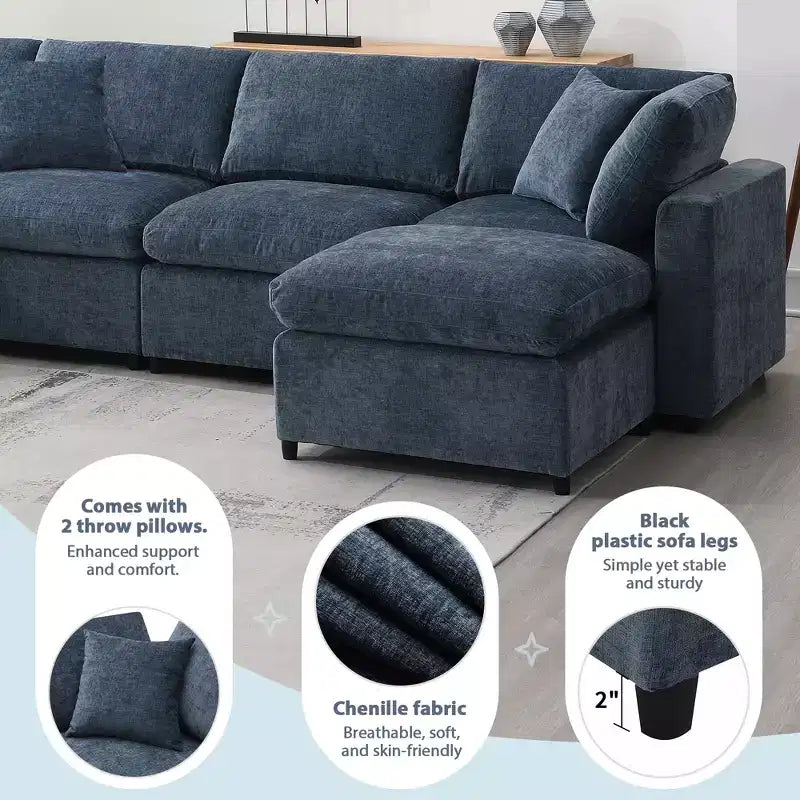 Canapé-lit modulaire 6 places en chenille Polibi avec ottoman