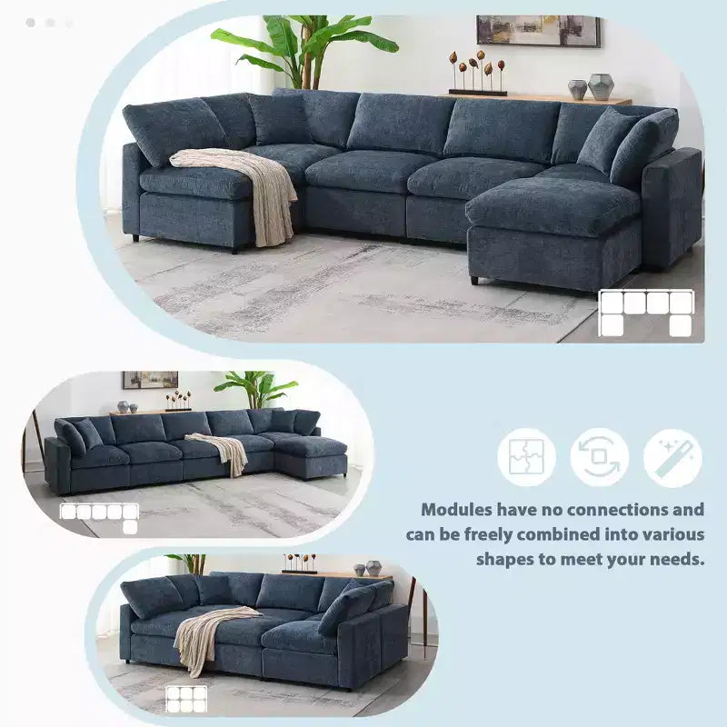 Canapé-lit modulaire 6 places en chenille Polibi avec ottoman