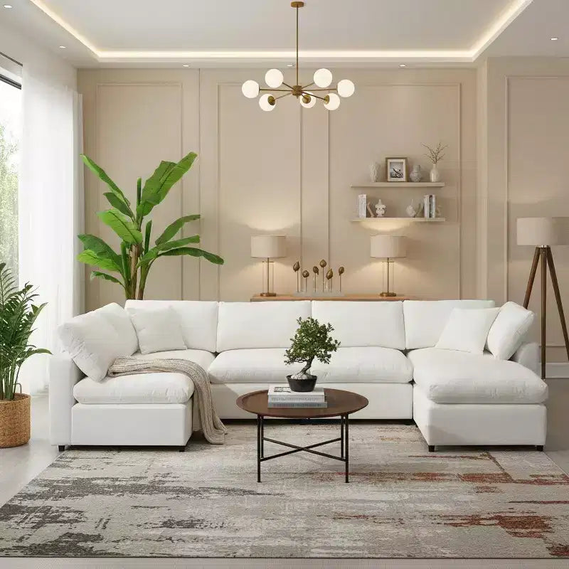 Canapé-lit modulaire 6 places en chenille Polibi avec ottoman
