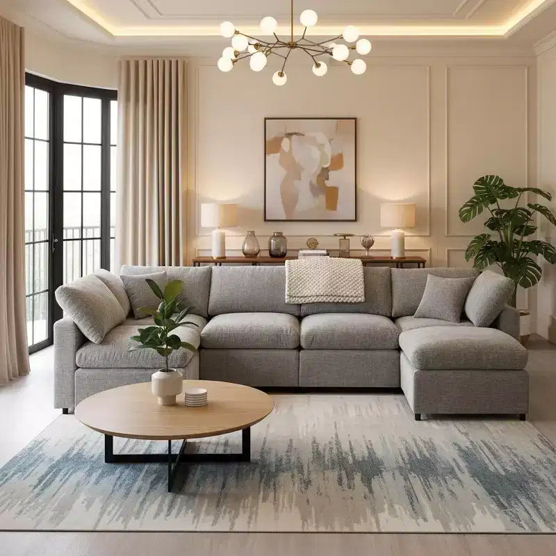 Canapé-lit modulaire 6 places en chenille Polibi avec ottoman