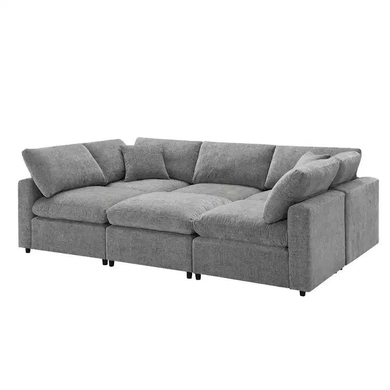 Canapé-lit modulaire 6 places en chenille Polibi avec ottoman