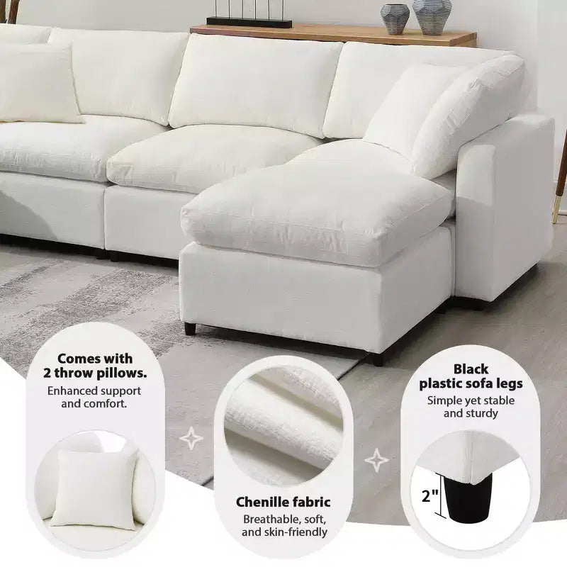 Canapé-lit modulaire 6 places en chenille Polibi avec ottoman