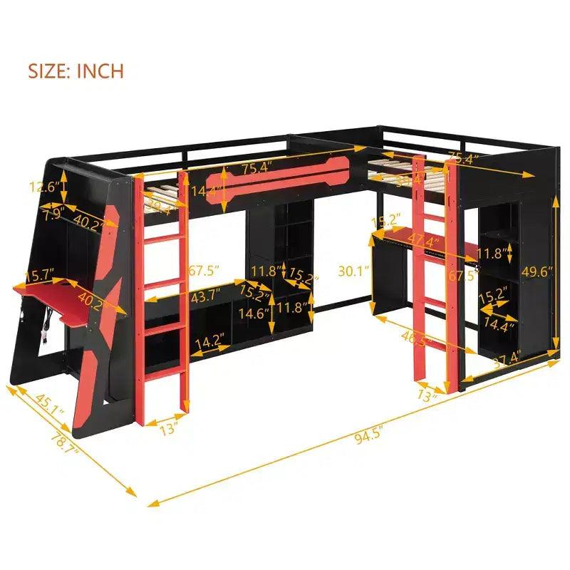Lit mezzanine de jeu en L avec bureaux, lits superposés doubles avec lumières LED, ports USB, étagères de rangement, lit mezzanine d'angle en bois pour 2 personnes