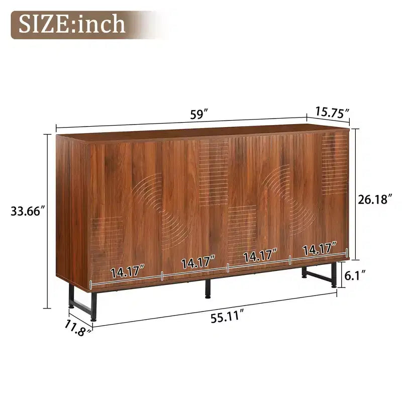 JVNOXK Buffet moderne du milieu du siècle de 59 pouces, multifonctionnel, meuble de rangement sculpté géométrique avec pieds en métal, idéal pour les salles à manger, en bois.