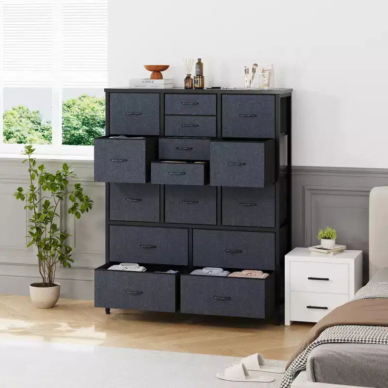 Commode haute de 122 cm avec 15 tiroirs, commode de rangement en tissu avec cadre en métal, plateau en bois, meuble de rangement pour chambre, placard, couloir