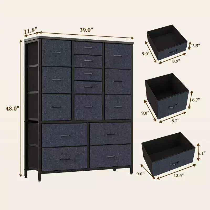 Commode haute de 122 cm avec 15 tiroirs, commode de rangement en tissu avec cadre en métal, plateau en bois, meuble de rangement pour chambre, placard, couloir