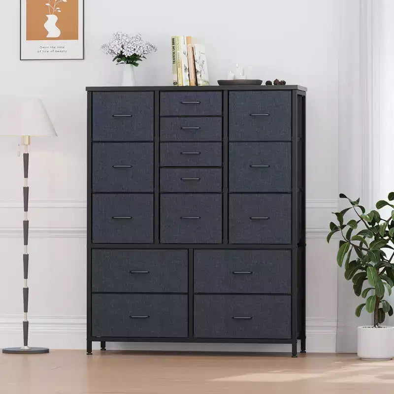 Commode haute de 122 cm avec 15 tiroirs, commode de rangement en tissu avec cadre en métal, plateau en bois, meuble de rangement pour chambre, placard, couloir