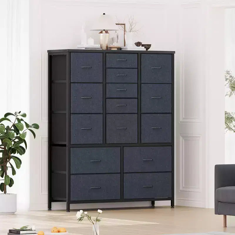 Commode haute de 122 cm avec 15 tiroirs, commode de rangement en tissu avec cadre en métal, plateau en bois, meuble de rangement pour chambre, placard, couloir