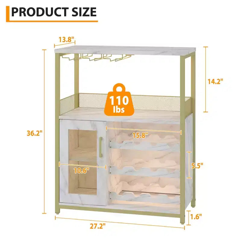 Meuble industriel 3 niveaux 70 x 35 x 92 cm, casier à vin amovible, étagères réglables et porte grillagée, pour cuisine, salon et bar, coloris or