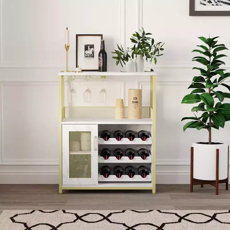 Meuble industriel 3 niveaux 70 x 35 x 92 cm, casier à vin amovible, étagères réglables et porte grillagée, pour cuisine, salon et bar, coloris or