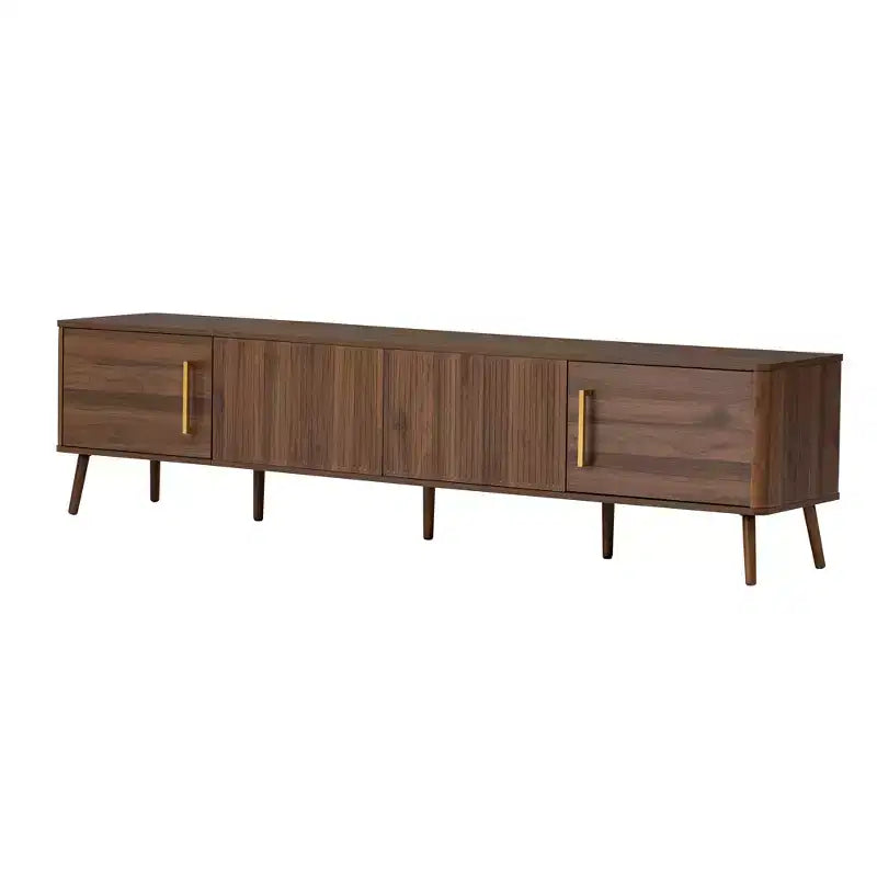 Meuble TV de 78 po pour téléviseurs jusqu'à 85 po, Console TV cannelée, Meuble TV en noyer, Meuble de divertissement avec porte à ouverture et fermeture amorties-ModernLuxe