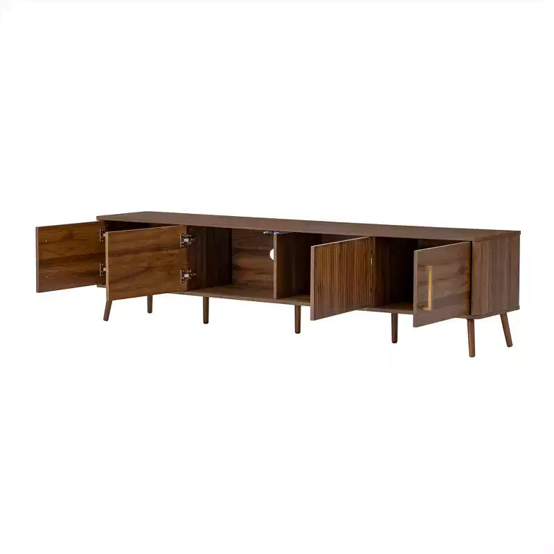 Meuble TV de 78 po pour téléviseurs jusqu'à 85 po, Console TV cannelée, Meuble TV en noyer, Meuble de divertissement avec porte à ouverture et fermeture amorties-ModernLuxe