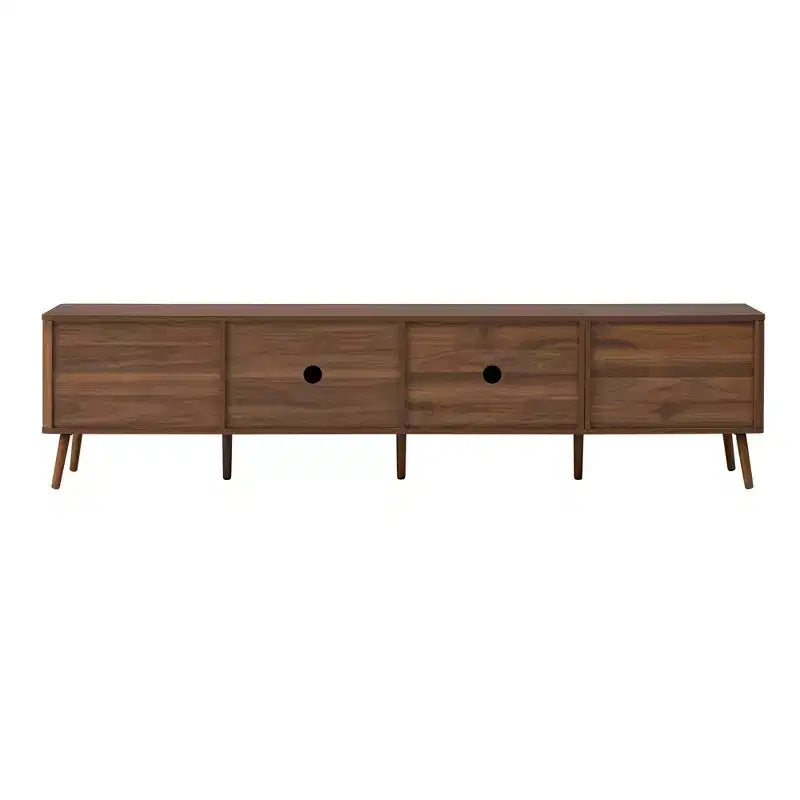 Meuble TV de 78 po pour téléviseurs jusqu'à 85 po, Console TV cannelée, Meuble TV en noyer, Meuble de divertissement avec porte à ouverture et fermeture amorties-ModernLuxe