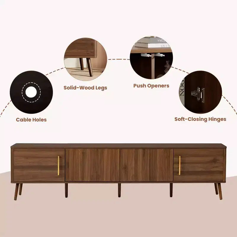 Meuble TV de 78 po pour téléviseurs jusqu'à 85 po, Console TV cannelée, Meuble TV en noyer, Meuble de divertissement avec porte à ouverture et fermeture amorties-ModernLuxe