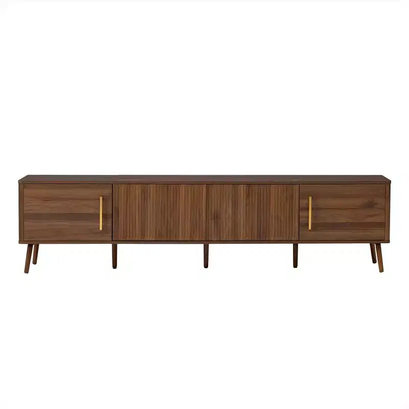 Meuble TV de 78 po pour téléviseurs jusqu'à 85 po, Console TV cannelée, Meuble TV en noyer, Meuble de divertissement avec porte à ouverture et fermeture amorties-ModernLuxe