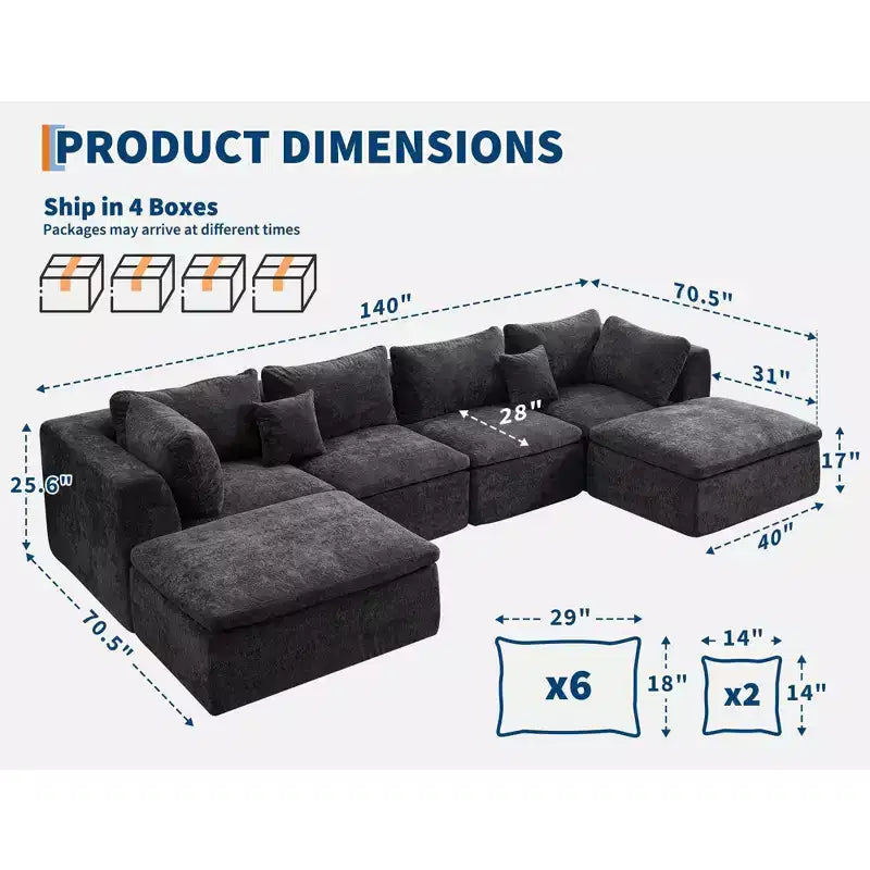 COZONY 140 Canapé modulable Cloud avec ottoman, mousse à mémoire de forme haute densité et tissu chenille, design en U avec double méridienne
