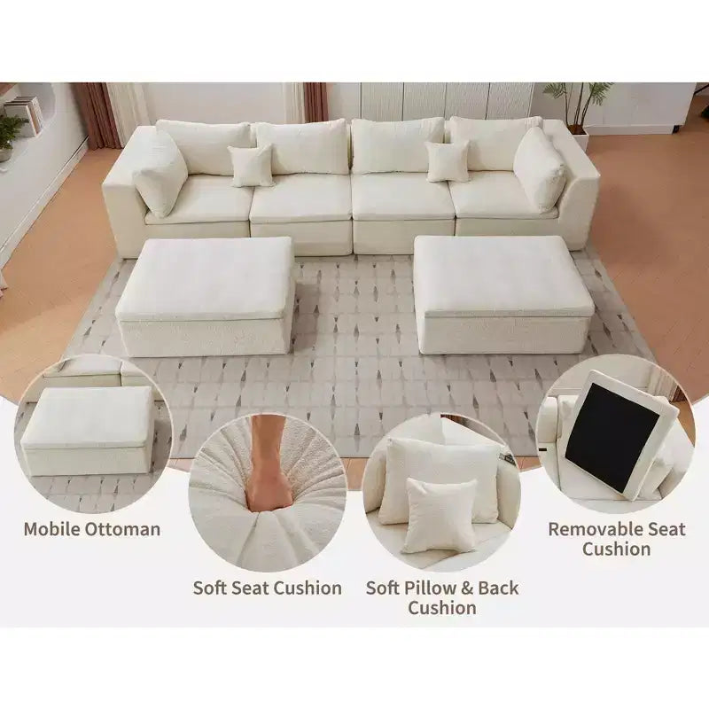 COZONY 140 Canapé modulable Cloud avec ottoman, mousse à mémoire de forme haute densité et tissu chenille, design en U avec double méridienne