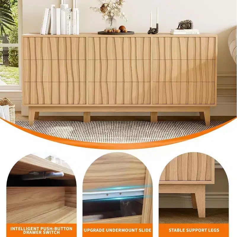 Commode cannelée pour chambre à coucher avec 9 tiroirs, commode cannelée moderne, armoire de rangement en bois autoportante, meuble TV pour bureau à domicile