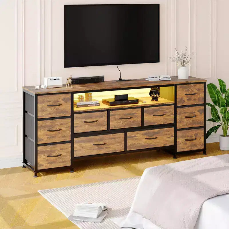 Commode à 11 tiroirs, Meuble TV pour téléviseur de 70 pouces, Meuble de rangement avec étagères ouvertes pour salon, chambre à coucher
