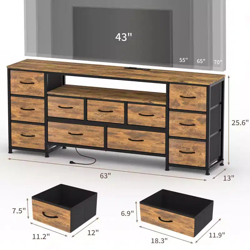 Commode à 11 tiroirs, Meuble TV pour téléviseur de 70 pouces, Meuble de rangement avec étagères ouvertes pour salon, chambre à coucher