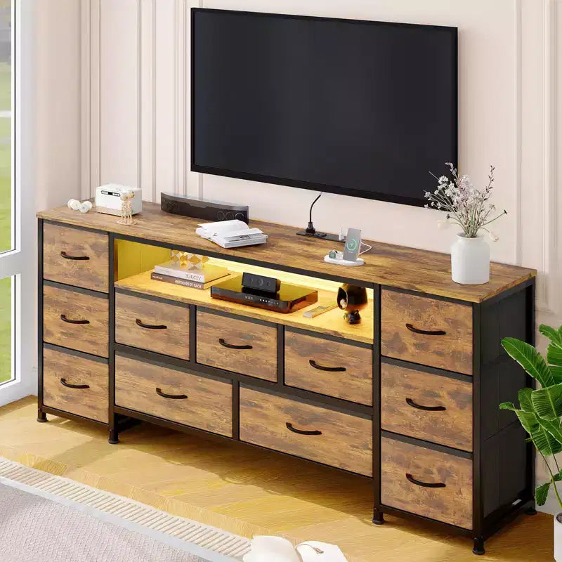 Commode à 11 tiroirs, Meuble TV pour téléviseur de 70 pouces, Meuble de rangement avec étagères ouvertes pour salon, chambre à coucher