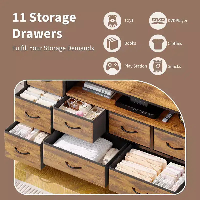 Commode à 11 tiroirs, Meuble TV pour téléviseur de 70 pouces, Meuble de rangement avec étagères ouvertes pour salon, chambre à coucher