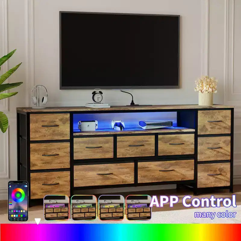 Commode à 11 tiroirs, Meuble TV pour téléviseur de 70 pouces, Meuble de rangement avec étagères ouvertes pour salon, chambre à coucher