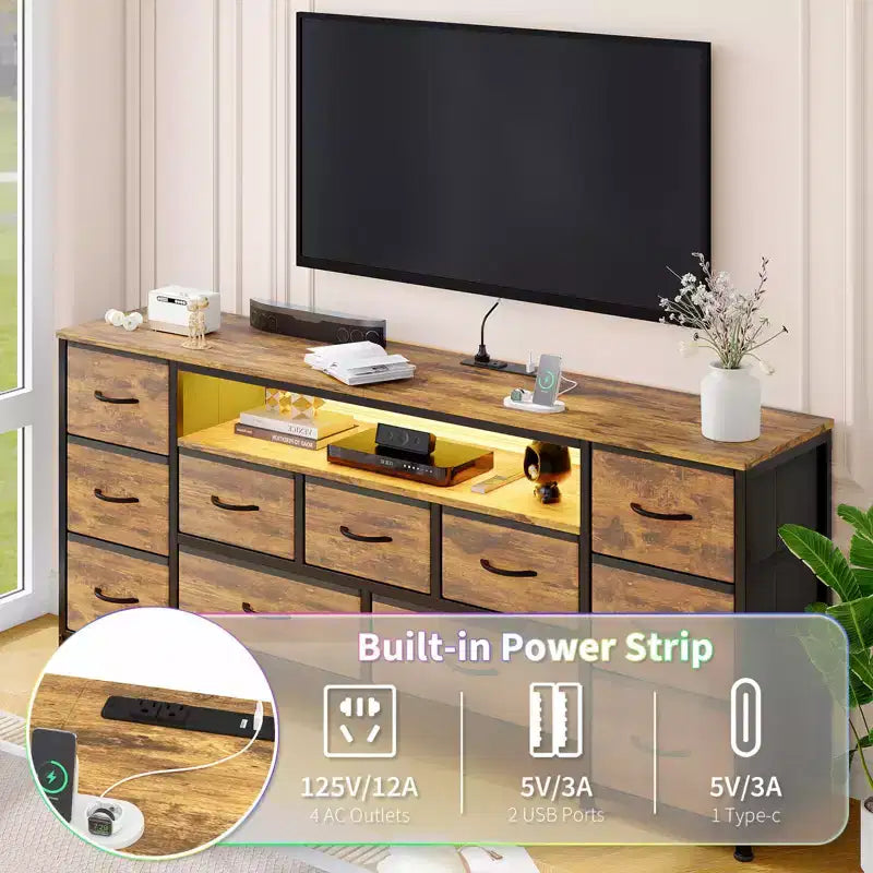 Commode à 11 tiroirs, Meuble TV pour téléviseur de 70 pouces, Meuble de rangement avec étagères ouvertes pour salon, chambre à coucher