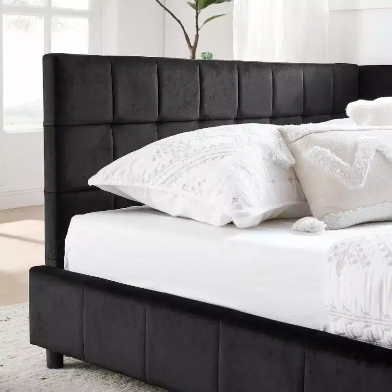 Bellemave Lit de repos rembourré Queen avec dossier et accoudoirs confortables, cadre de lit de repos rembourré pour chambre et salon, velours