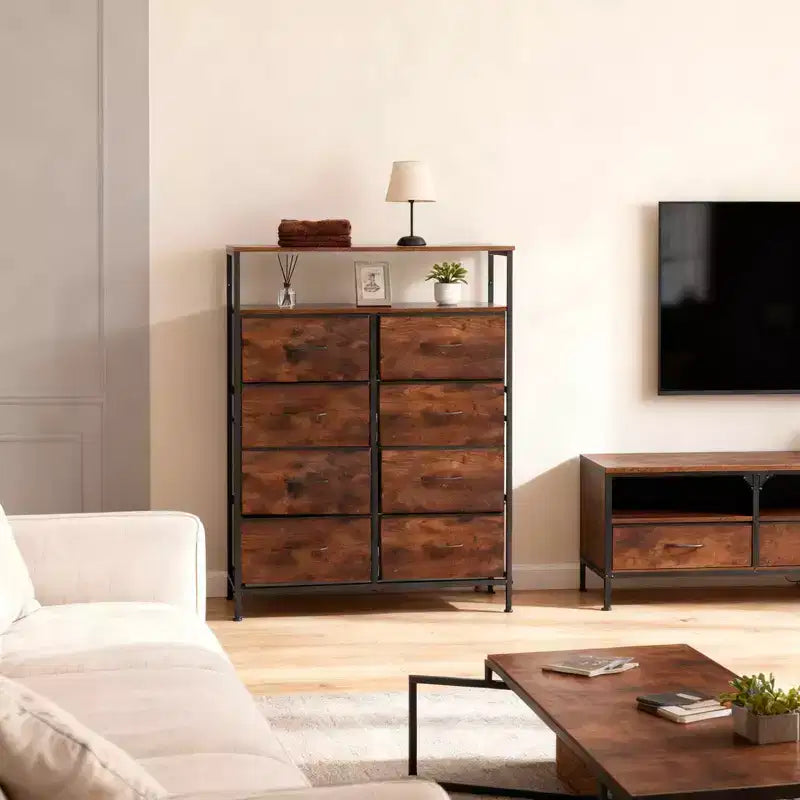 MAYEERTY Commode en tissu à 8 tiroirs de 116,5 cm, Armoire de rangement haute avec étagère ouverte pour chambre à coucher ou placard