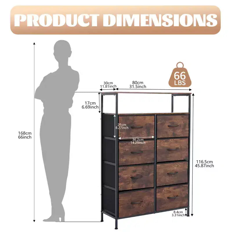 MAYEERTY Commode en tissu à 8 tiroirs de 116,5 cm, Armoire de rangement haute avec étagère ouverte pour chambre à coucher ou placard