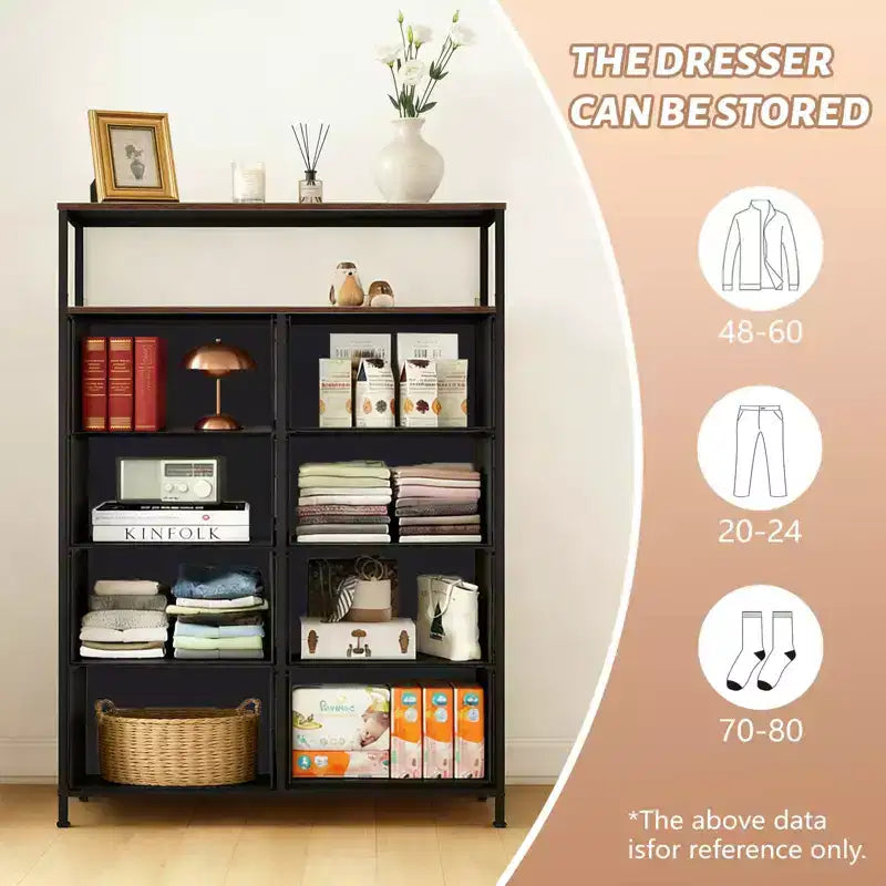 MAYEERTY Commode en tissu à 8 tiroirs de 116,5 cm, Armoire de rangement haute avec étagère ouverte pour chambre à coucher ou placard