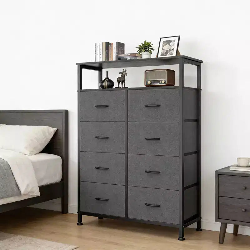 MAYEERTY Commode en tissu à 8 tiroirs de 116,5 cm, Armoire de rangement haute avec étagère ouverte pour chambre à coucher ou placard
