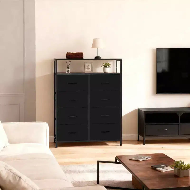 MAYEERTY Commode en tissu à 8 tiroirs de 116,5 cm, Armoire de rangement haute avec étagère ouverte pour chambre à coucher ou placard