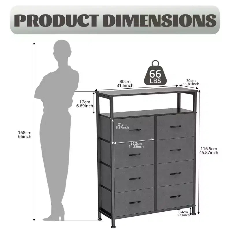 MAYEERTY Commode en tissu à 8 tiroirs de 116,5 cm, Armoire de rangement haute avec étagère ouverte pour chambre à coucher ou placard
