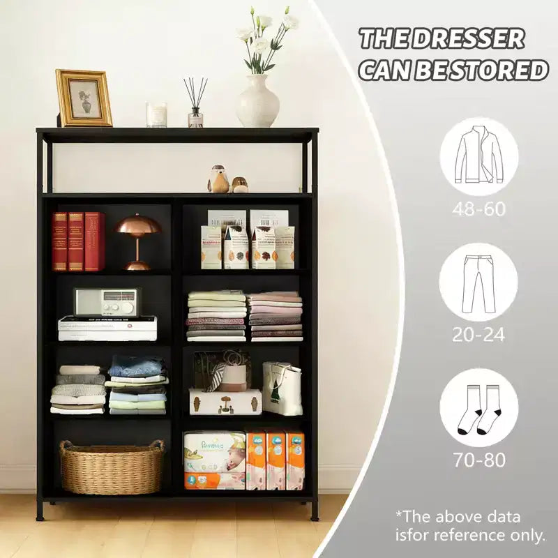 MAYEERTY Commode en tissu à 8 tiroirs de 116,5 cm, Armoire de rangement haute avec étagère ouverte pour chambre à coucher ou placard