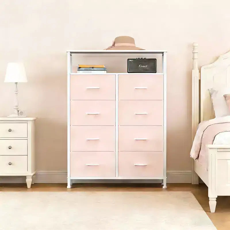 MAYEERTY Commode en tissu à 8 tiroirs de 116,5 cm, Armoire de rangement haute avec étagère ouverte pour chambre à coucher ou placard
