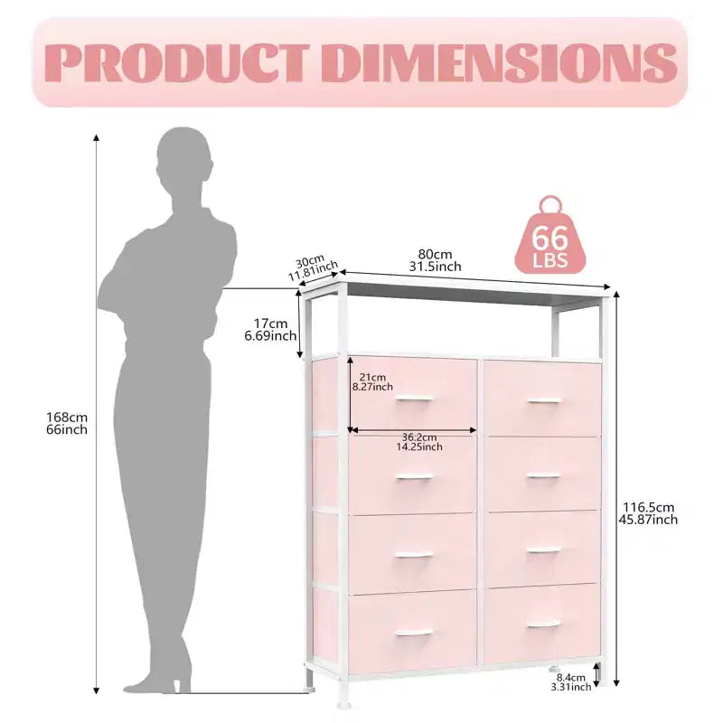 MAYEERTY Commode en tissu à 8 tiroirs de 116,5 cm, Armoire de rangement haute avec étagère ouverte pour chambre à coucher ou placard