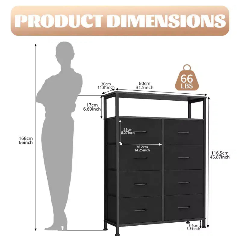 MAYEERTY Commode en tissu à 8 tiroirs de 116,5 cm, Armoire de rangement haute avec étagère ouverte pour chambre à coucher ou placard