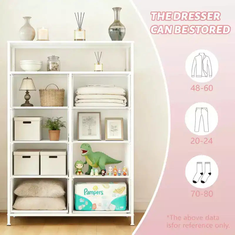 MAYEERTY Commode en tissu à 8 tiroirs de 116,5 cm, Armoire de rangement haute avec étagère ouverte pour chambre à coucher ou placard