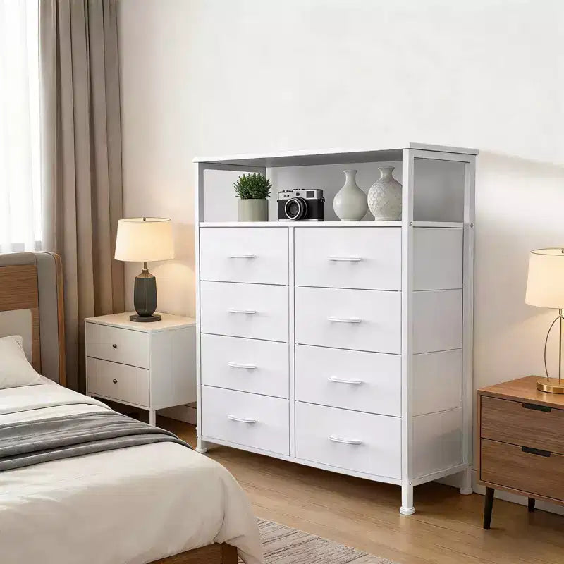MAYEERTY Commode en tissu à 8 tiroirs de 116,5 cm, Armoire de rangement haute avec étagère ouverte pour chambre à coucher ou placard