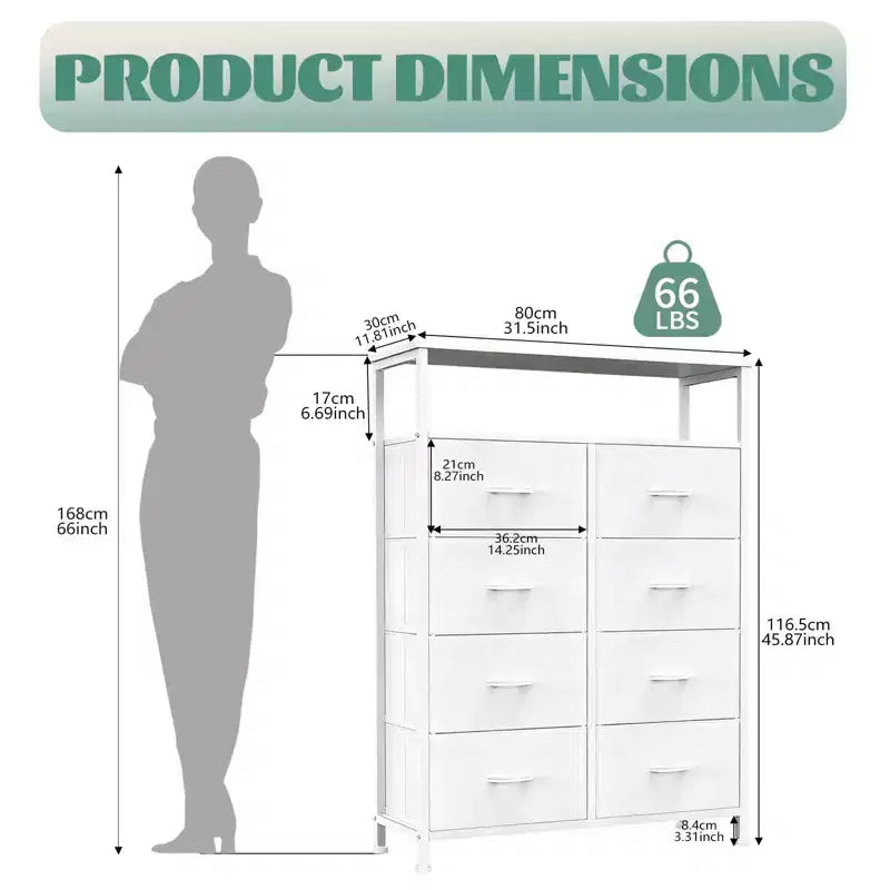 MAYEERTY Commode en tissu à 8 tiroirs de 116,5 cm, Armoire de rangement haute avec étagère ouverte pour chambre à coucher ou placard
