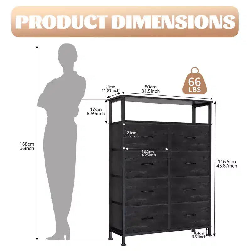 MAYEERTY Commode en tissu à 8 tiroirs de 116,5 cm, Armoire de rangement haute avec étagère ouverte pour chambre à coucher ou placard